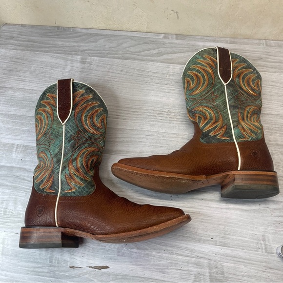 Ariat Brown Teal Leather Wide Square Toe Western Cowboy Boot Men’s Size 8.5D - Picture 4 of 15